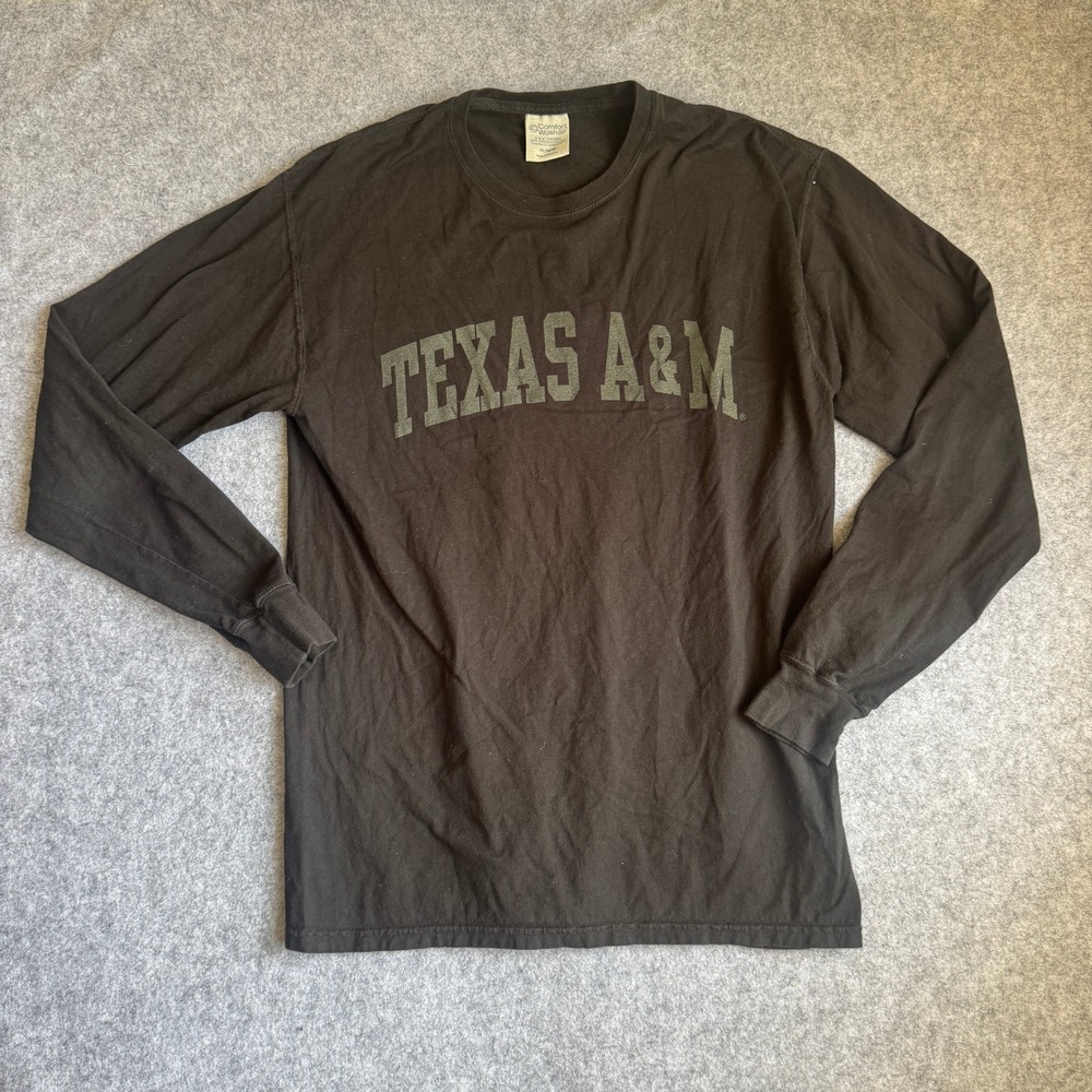 Comfort Wash Texas A&M Long Sleeve T-Shirt Mens Medium Black Garment Dyed Cotton